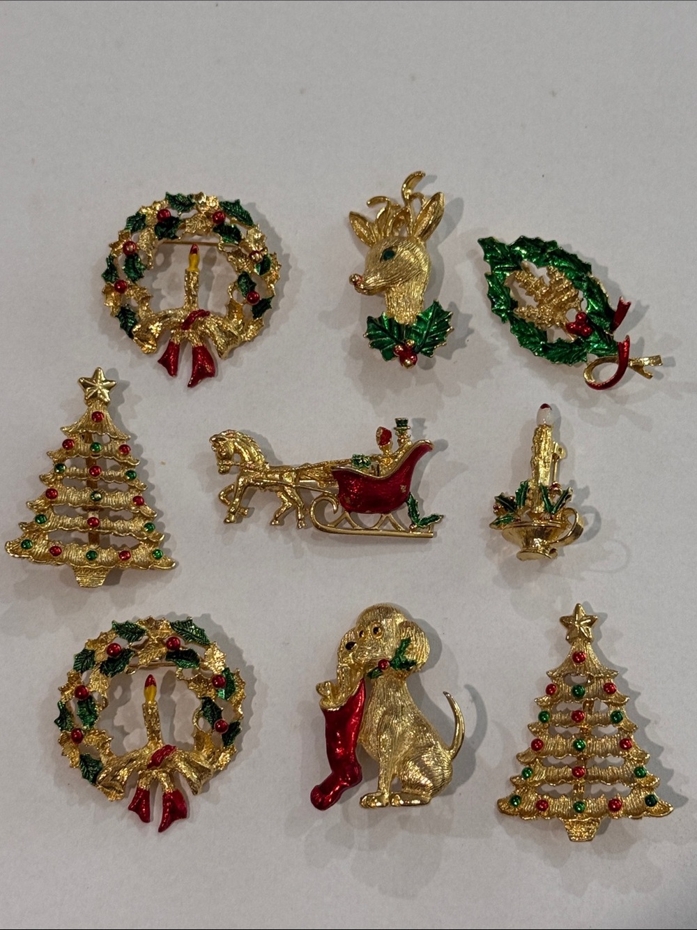 Vintage Gerry’s Signed Holiday Christmas Pins Brooch Set of 9 Gold tone Deer Dog